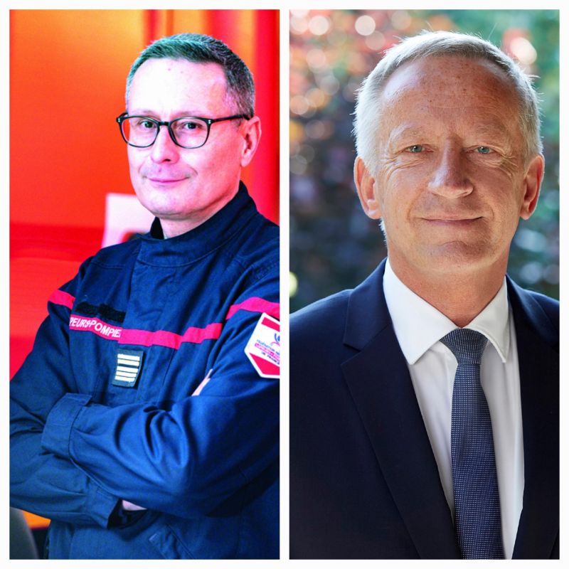 Jean-Paul Bosland, président de la Fédération nationale des sapeurs-pompiers de France (à gauche sur la photo), Olivier Richefou, président du Service départemental d'incendie et de secours (SDIS) de la Mayenne et de la Conférence Nationale des Services d'Incendie et de Secours (CNSIS) (à droite).